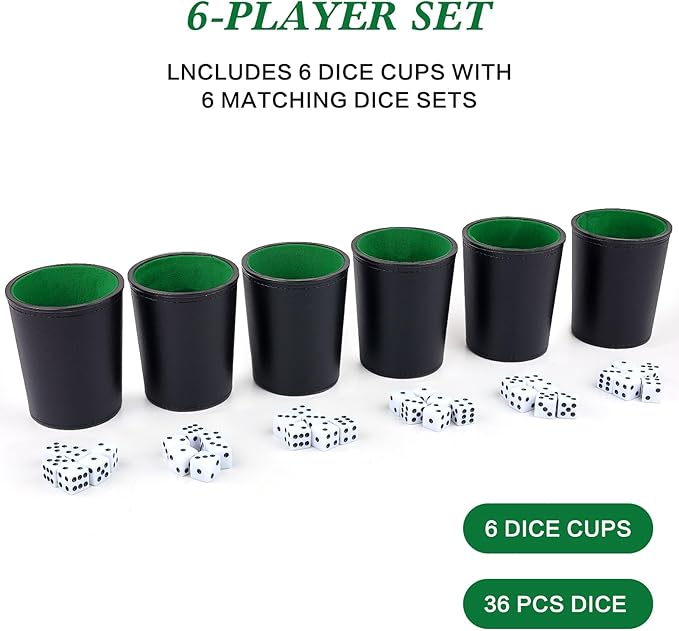 Felt-Lined PU Leather Dice Cup Set, 6 Quiet Dice Shaker Cups with 36 Dices for Bar Party Yahtzee