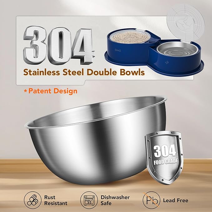 Stainless Steel Dog Bowl Set with Lids, 304 Metal Dual Food & Water Bowls for Dogs & Cats, Large