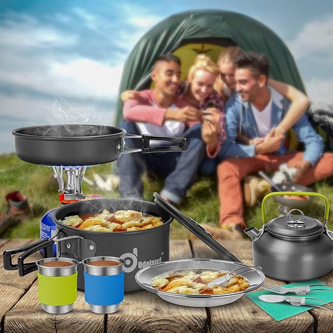 Odoland 15pcs Camping Cookware Mess Kit, Non-Stick Lightweight Pot Pan Kettle Set with Stainless