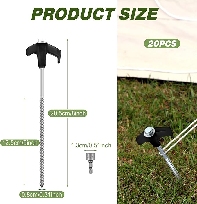 Hicarer 20 Pcs 20 Pcs 8'' Screw in Tent Stakes Heavy Duty Ground Metal Stakes for Inflatables with
