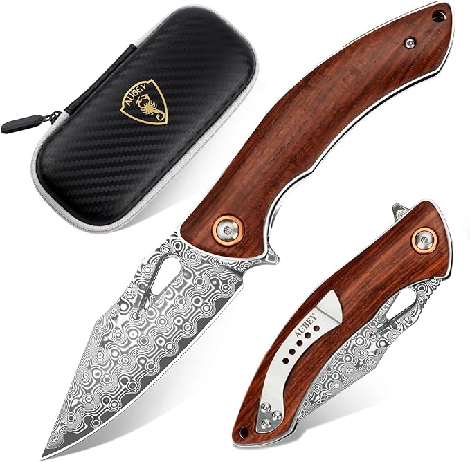 AUBEY Damascus Folding Knife with Clip, Pocket Knife with Wood Handle, EDC Knife for Outdoor Hiking