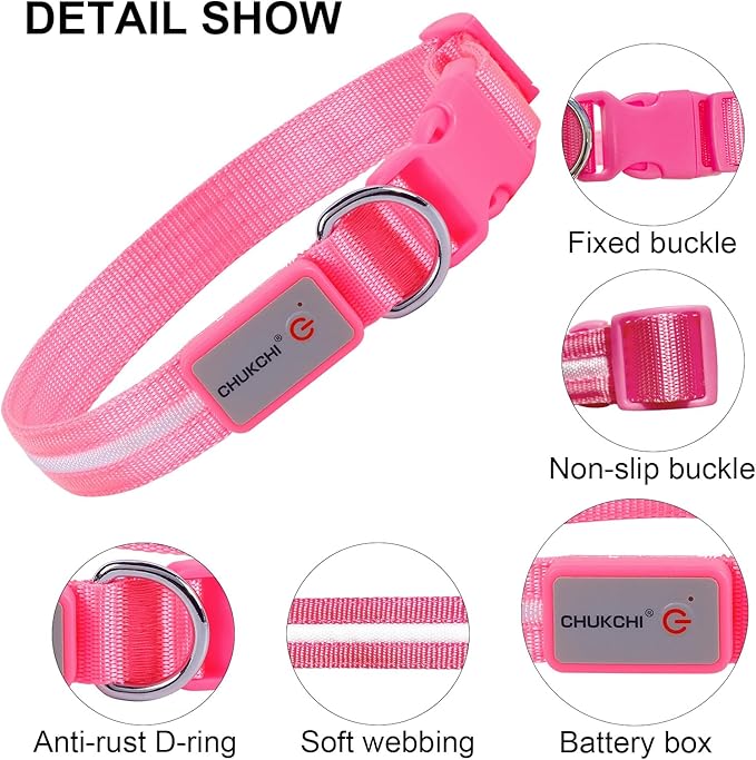 CHUKCHI LED Dog Collar Rechargeable,Waterproof Flashing Collar,Light Up Glow Collar, Adjustable