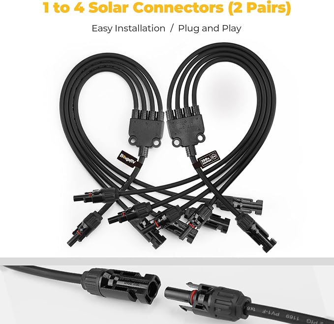 BougeRV Solar Y Branch Connectors Extra Long Solar Panel Parallel Connectors 1 to 4 Solar Cable