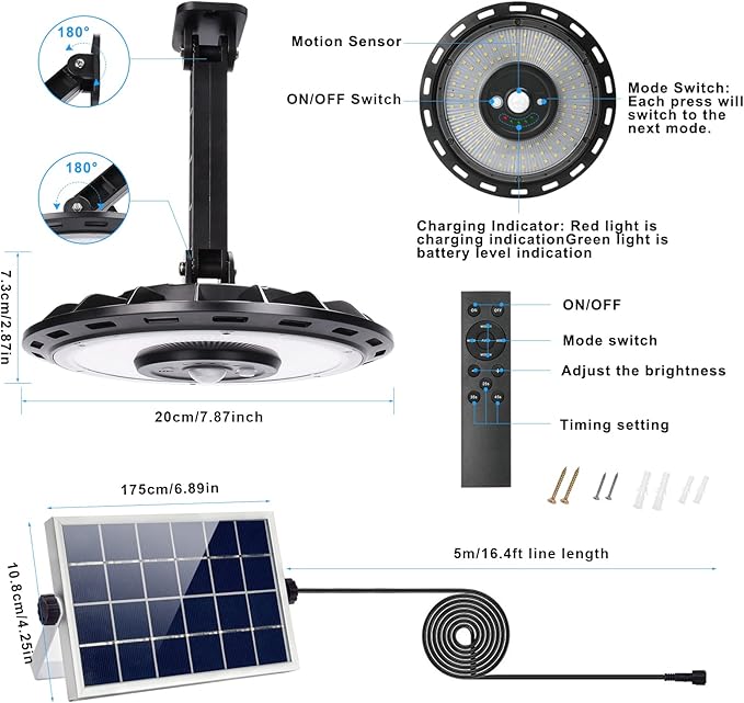 INDARUN Solar Shed Light with On/Off Switch, Up to 3000LM Solar Indoor/Outdoor Lights with 5 Modes