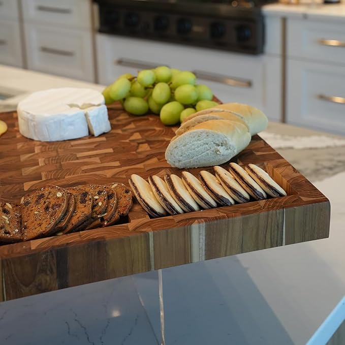 EcoDecors FSC Certified Solid Teak Cutting Board 20x15, Reversible End Grain Wood Board with 3