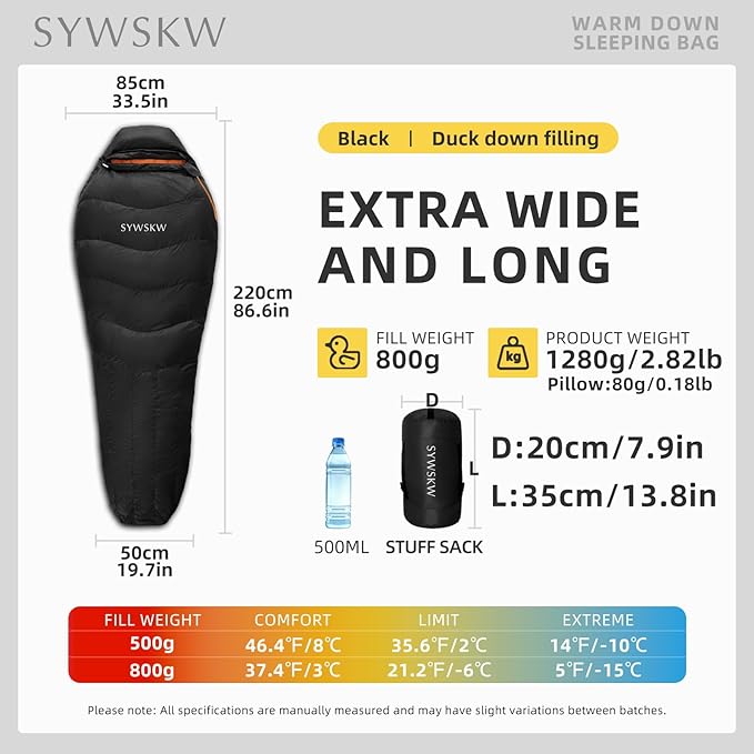 Down Sleeping Bag with Pillow, Lightweight Wide Sleeping Bag (86.6 in x 33.5 in) for Adults
