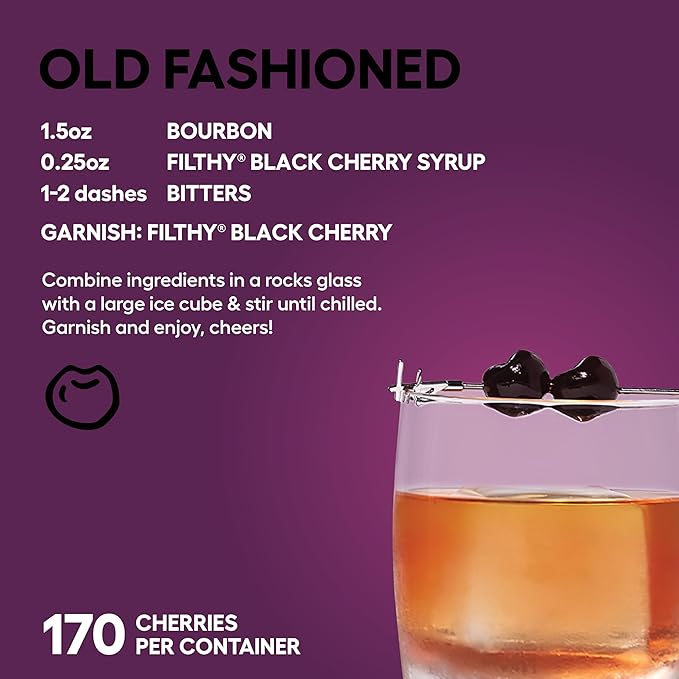 Filthy Cocktail Amarena Black Cherries, Premium Cocktail Garnish, All Natural Wild Italian Amarena