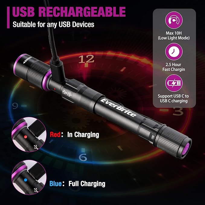 EverBrite Rechargeable Pen Flashlight with UV Light and White Light, 395nm Black Flashlight with