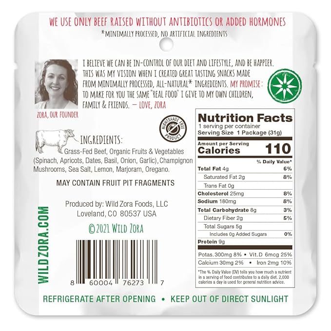 Wild Zora Meat and Veggie Bars, Italian Beef, 10-Pack, 100% Grass Fed Meat, Healthy Paleo Snacks