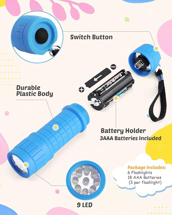 EverBrite 9-LED Flashlight 6-Pack Impact Handheld Torch Assorted Colors with Lanyard 3AAA Battery