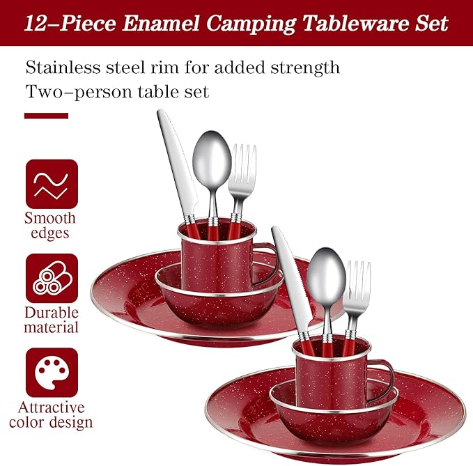 Nuogo 12 Pcs Enamel Camping Tableware Set Dinnerware Kit Includes 12 oz Coffee Mugs Camping Plates