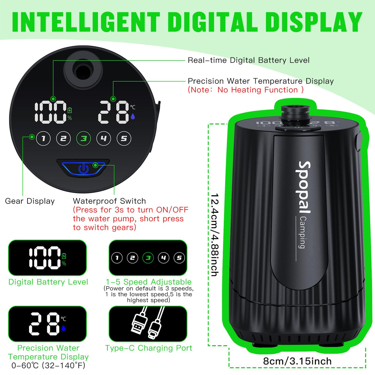 Spopal Portable Shower for Camping, [Upgraded] 10000mAh Rechargeable- Black