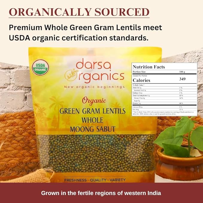 Darsa Organics Whole Green Moong (Mung) Bean Lentils 2 lb ??USDA Organic, Non-GMO, Kosher