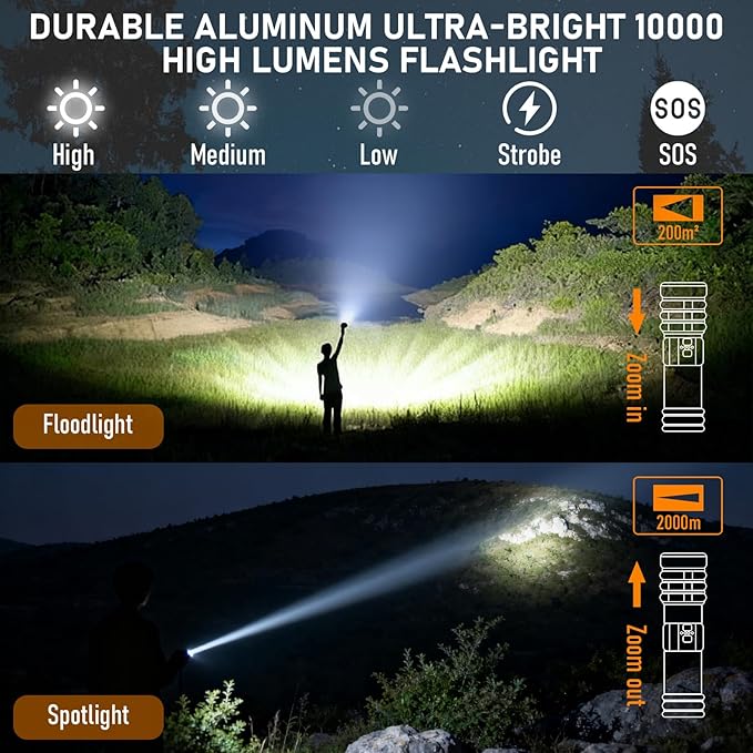 Rechargeable Flashlight 11 Modes Tactical Camping Flashlight with Red-Blue Emergency Lights, 10000