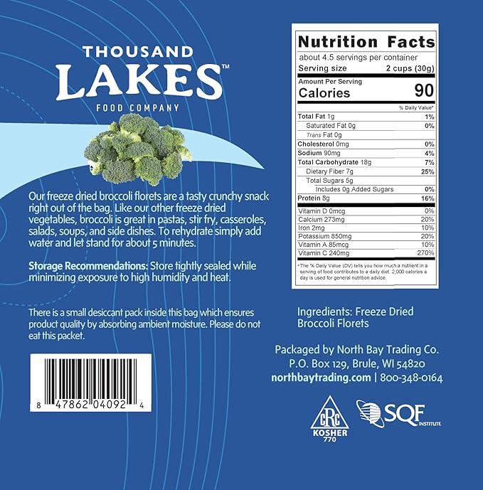 Thousand Lakes Freeze Dried Vegetables - Broccoli Florets - Bulk 5 ounces | 100% Florets - No Stems