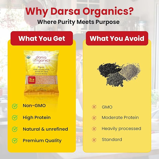 Darsa Organics Split Red Lentils (Masoor Dal) 2 lb |USDA Organic, Non-GMO, Gluten-Free Vegan