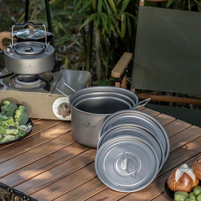 iBasingo 1.2L Titanium Soup Pot with Lid Camping Cookware with Foldable Handle Portable Lightweight
