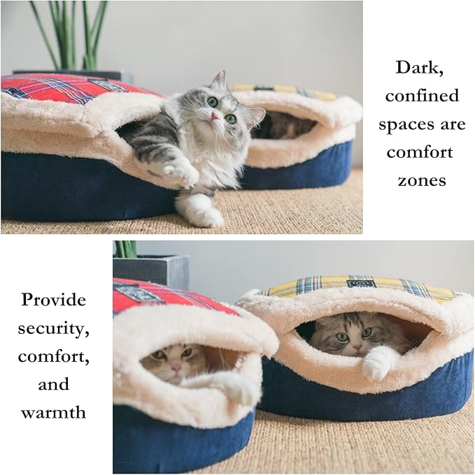 Cat Cave Bed ??Plush, Warm & Calming Hideaway with Detachable Lid & Mat, Covered House for Indoor