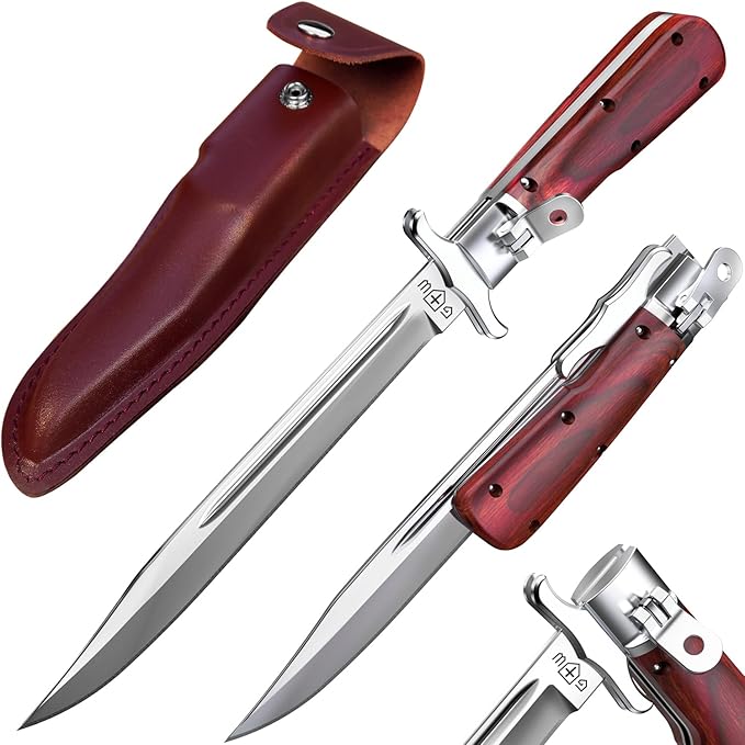 Grand Way 12.2" Retro Folding Knife with Wood Handle & Leather Sheath - 7.8" Long Foldable Sharp