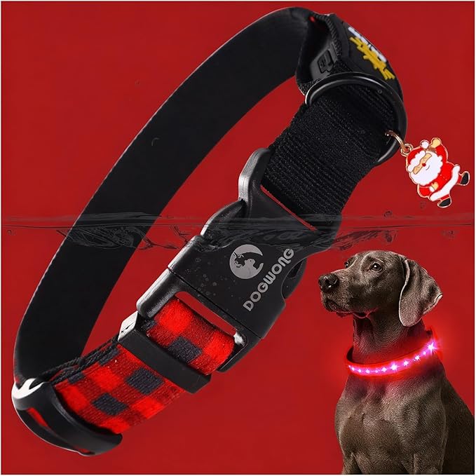 DOGWONG LED Dog Collar - Christmas Red Plaid Heavy Duty Light up Dog Collars - Rechargeable