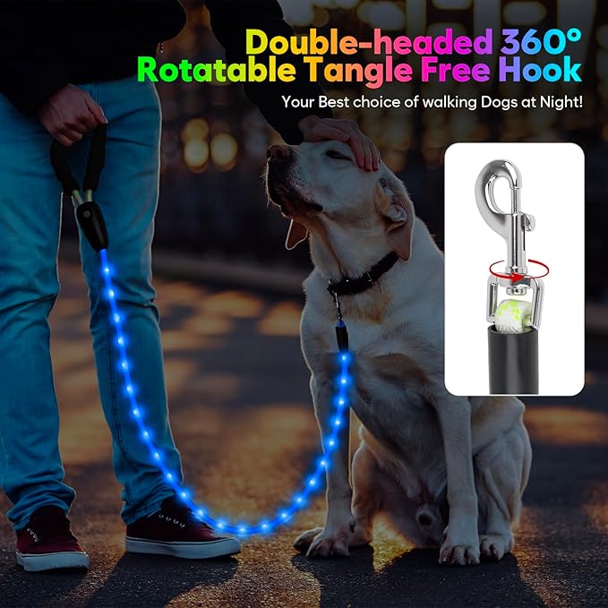 YFbrite Waterproof Light up Dog Leash with 15 Flashing Modes - Super Bright LED Dog Leash for Small