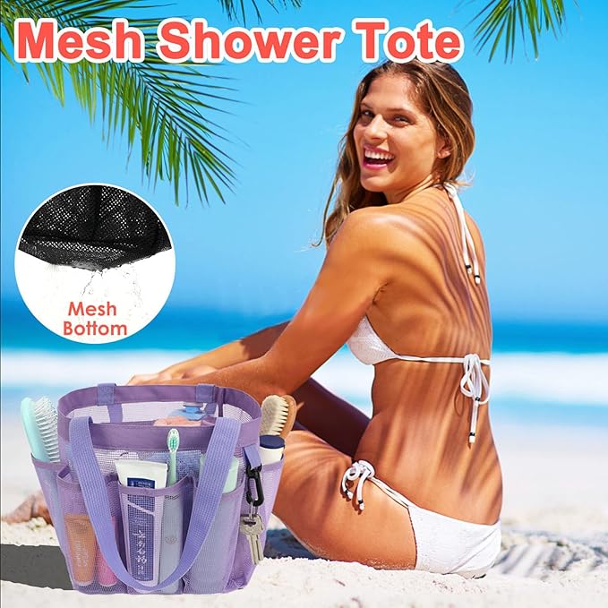 Mesh Shower Caddy Portable for College Dorm Room Essentials, 8-Pocket Large Shower Basket Tote Bag