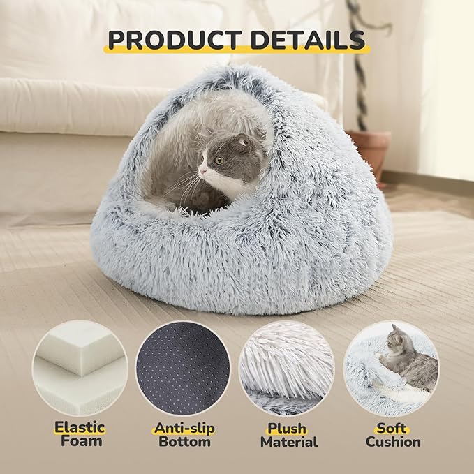 CATISM Cozy Plush Hooded Cat Bed, Indoor/Outdoor, Self-Warming Cave, Removable Washable Non-Slip
