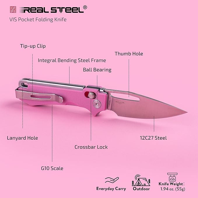 REALSTEEL VIS Pocket Knife, Folding Knife, Crossbar Lock, 2.72" Small 12C27 Steel Satin Plain