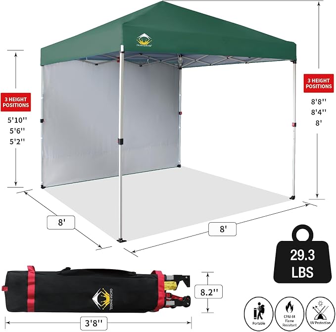 CROWN SHADES 8x8 Pop up Canopy Instant Canopy with 1 Removable Sidewall,4 Ropes & 8 Stakes, STO'N