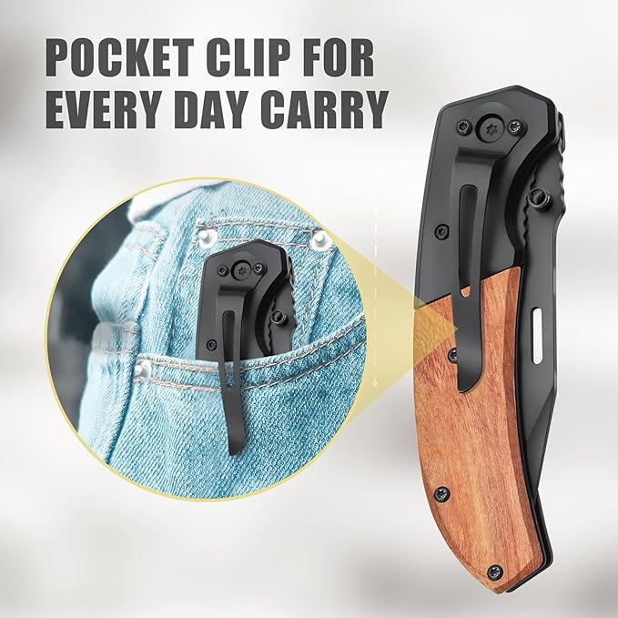 Harita Pocket Knife for Men, Folding Utility with Pocket Clip, Wood Handle EDC for Women with 3.4″