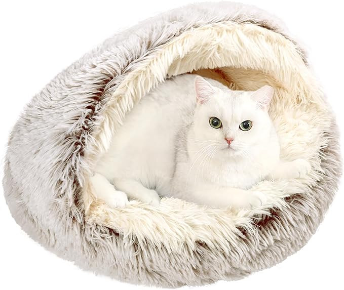 Calming Cat Beds, Fluffy Plush Round Cat Cave Washable, Cozy Warming Anti-Slip Small Dog Bed for