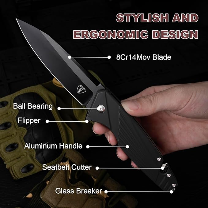 AUBEY Pocket Knife, 8Cr14Mov Steel Blade 3.54", 3-in-1 Folding Knife for Men, Tactical Multitool