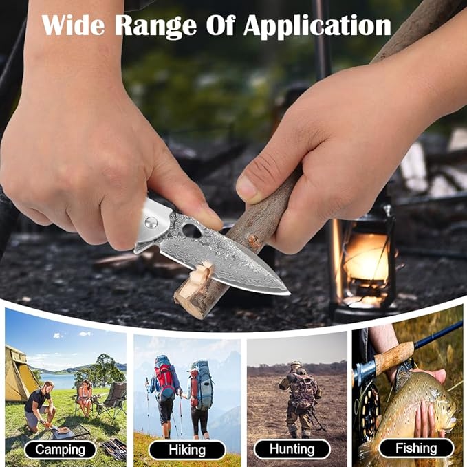 Cottonbell Damascus Pocket Knife Folding Knife for Men Women Unique Rainbow Abalone Shell Handle