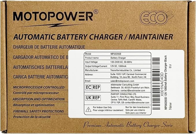 MOTOPOWER MP00205B 12V 1000mA Automatic Battery Charger, Battery Maintainer, Trickle Charger, and