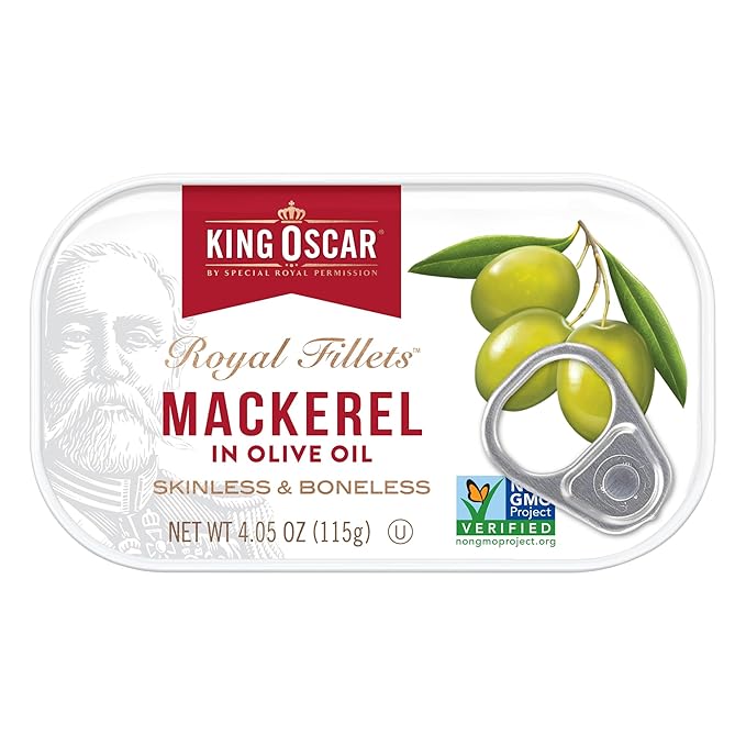 King Oscar Mackerel in Olive Oil, 4.05 Ounce Can (Pack of 12, Packaging May Vary), Skinless &