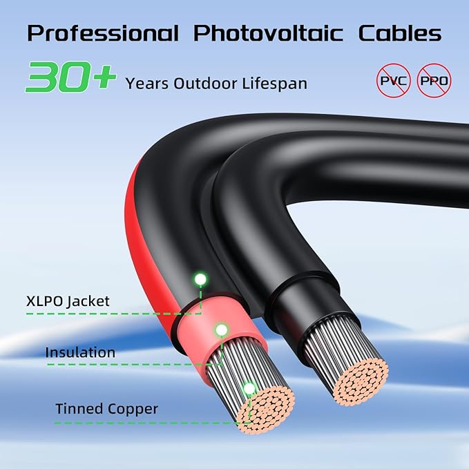 Bateria Power 10 Feet 10AWG Solar Panel Extension Cable, 6mm² Twin Wire Conductor Parallel Solar