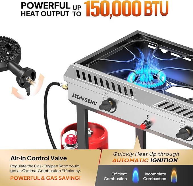 ROVSUN 2 Burner Outdoor Propane Gas Stove with Auto-ignition, Regulator & Shelf, 150,000 BTU