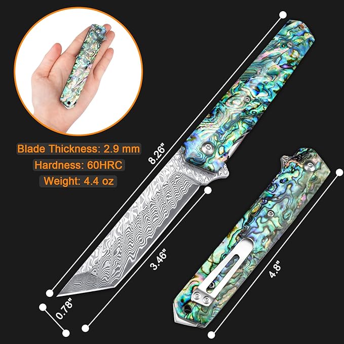 AUBEY Damascus Pocket Knife with Clip, Sharp Tanto Blade with VG10 Core Folding Knife with Abalone