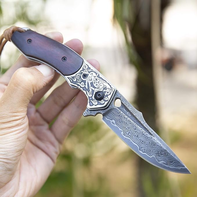 Handmade japanese vg10 damascus steel pocket knife,rosewood handle,sheath,liner lock,folding knives