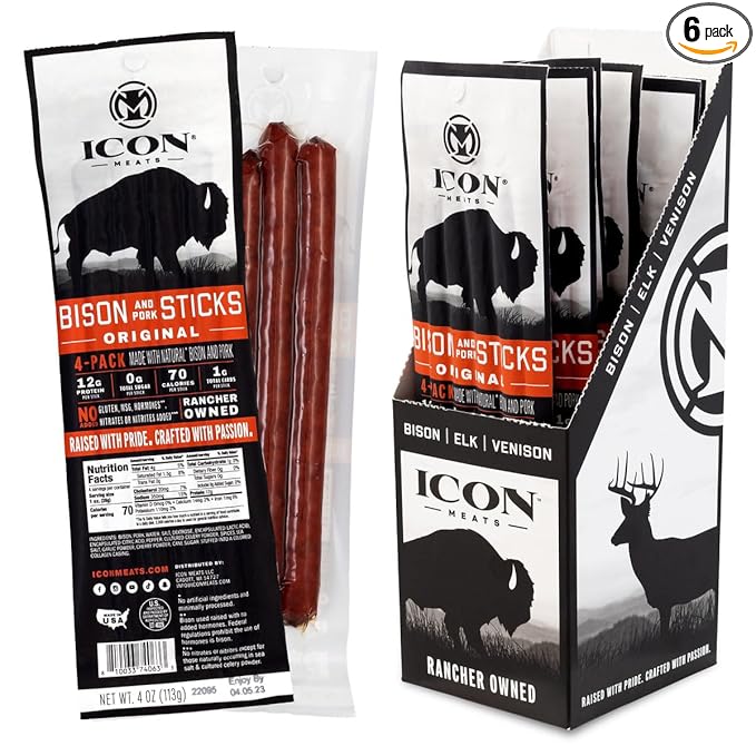 ICON Meats Bison and Pork Snack Sticks - Original Flavor – 6 Packs Per Box, 4 Sticks Per Pack, All
