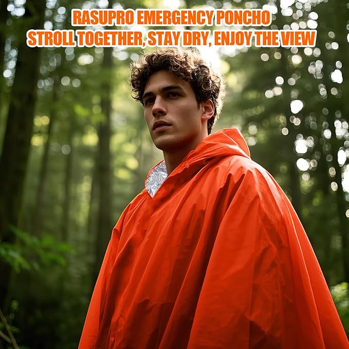 4 Pack Emergency Ponchos with Thickened Mylar Blanket Lining, Windproof, Waterproof, and Thermal