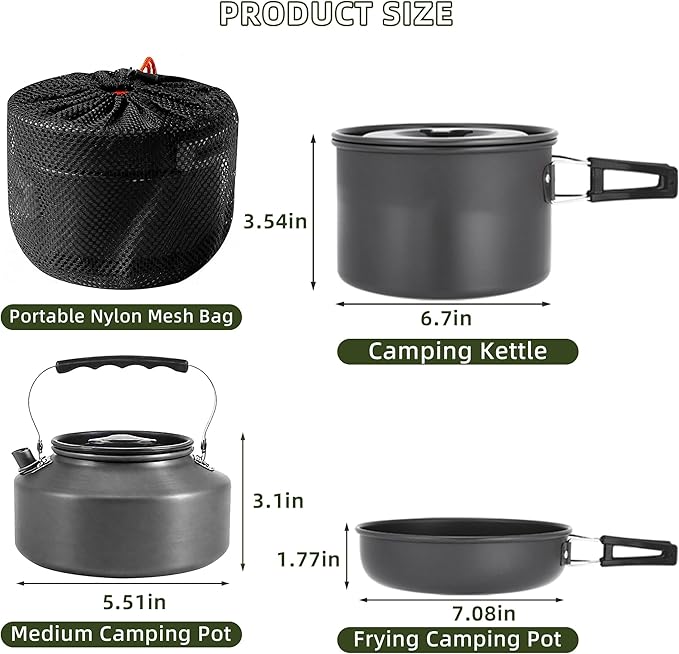 aiGear 3pcs Camping Cookware Mess Kit, Non-Stick Camping Pan Pot Kettle, Lightweight Aluminum