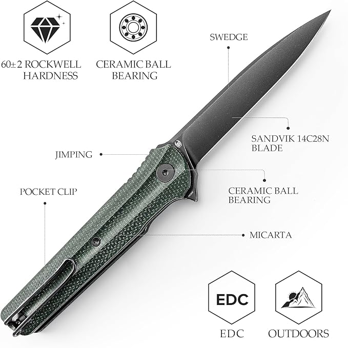 EDC Pocket Knife for Men,Folding Knives with Reversible Clip,Liner Lock 3.4'' Black 14C28N Steel