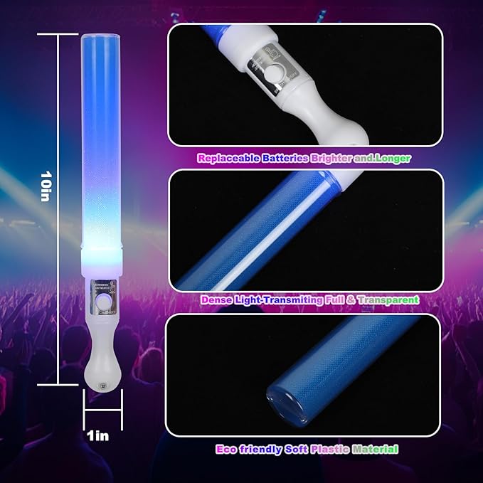 Reusable LED Glow Sticks(6 Pack), Blue Steady LED Flashing Bright Glow Light sticks, Equipped with