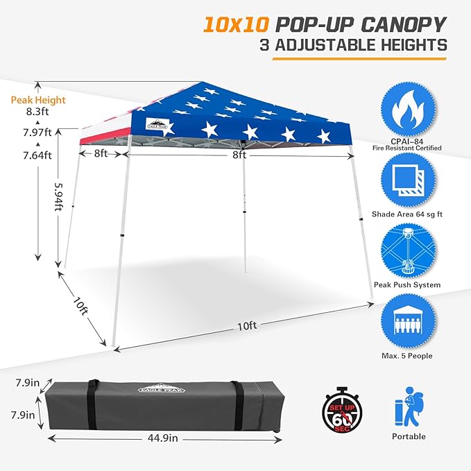 EAGLE PEAK 10x10 Slant Leg Pop-up Canopy Tent Easy One Person Setup Instant Outdoor Beach Canopy