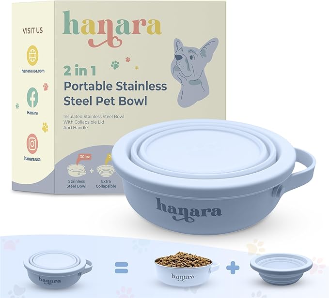 HANARA 2-in-1 Insulated Dog Bowl with Collapsible Lid & Handle ??Stainless Steel, Non-Slip Rubber