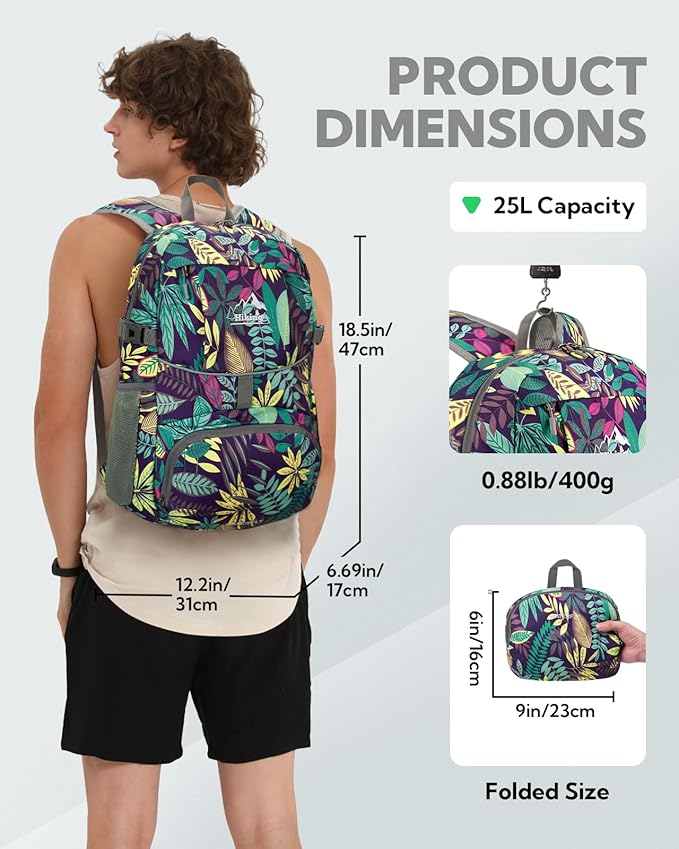 WATERFLY Hiking Foldable Daypack Backpack: 25L Ultra Lightweight Waterproof Day Pack for Woman Man
