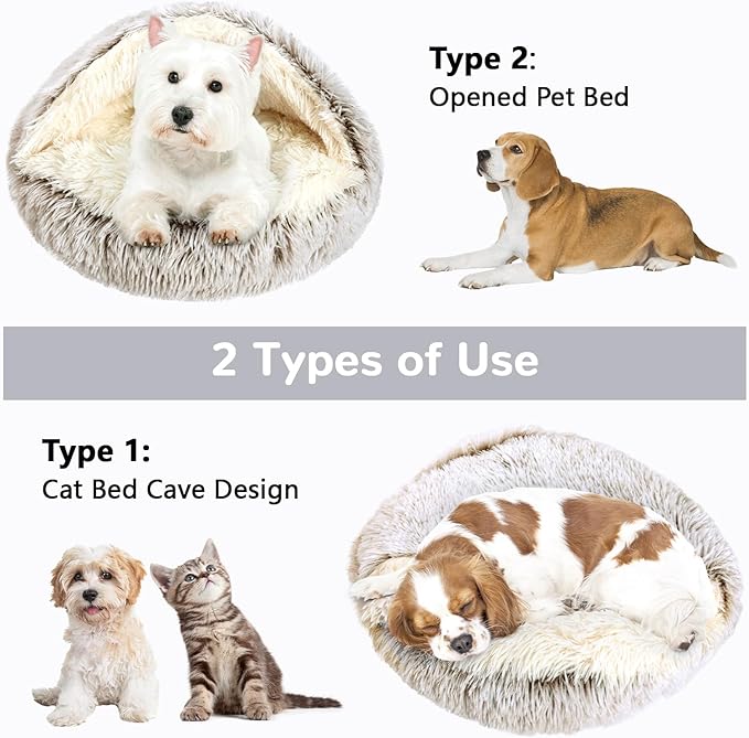 Calming Cat Beds, Fluffy Plush Round Cat Cave Washable, Cozy Warming Anti-Slip Small Dog Bed for