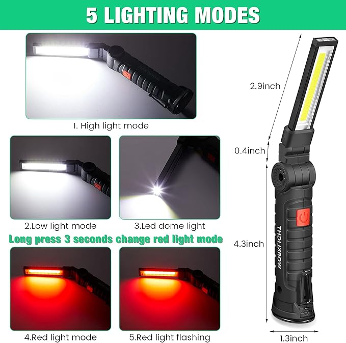 Honoson 4 Pieces LED Work Light Cob Rechargeable Work Flashlight with Magnetic Base, Hanging Hook