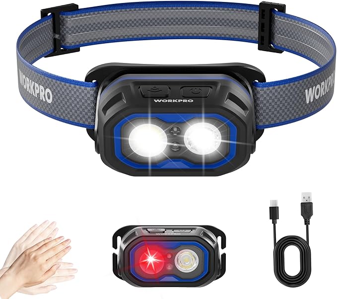 WORKPRO Rechargeable Headlamp, 1200LM Super Bright Head Lamp with White Red Light, Motion Sensor